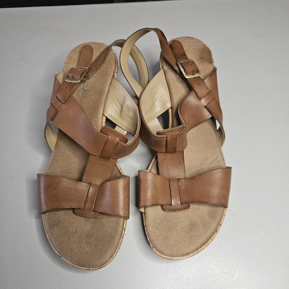 Clarks Womens Sandals Brown Leather Slingback T‎ Strap Cork Wedge Comfort